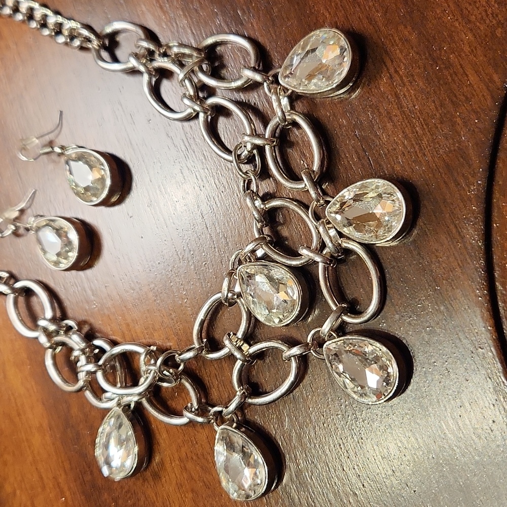 Silver Rhinestone Teardrop Necklace and Earrings